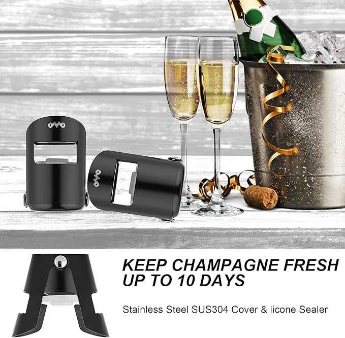 OWO Champagne Bottle Stoppers Stainless Steel, Reusable Champagne Cork & Saver Stopper, Leak Proof Prosecco & Sparkling Wine Plug, Bubble Retention Protection （Black, 3 Pack）