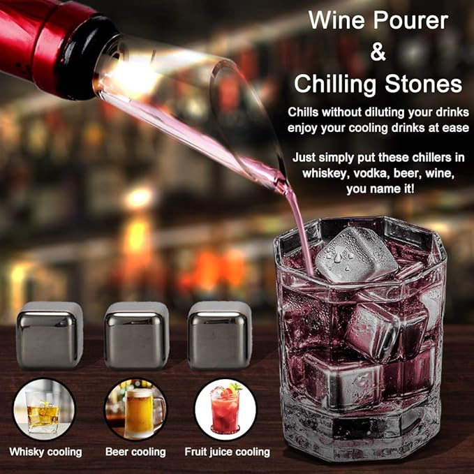 Wine Opener Electric Gift Set, Whiskey Stone Wine Lover Gifts with Wine Accessories of Automatic Corkscrew, Metal Ice Cube, Wine Pourer, Foil Cutter 4-in-1 set