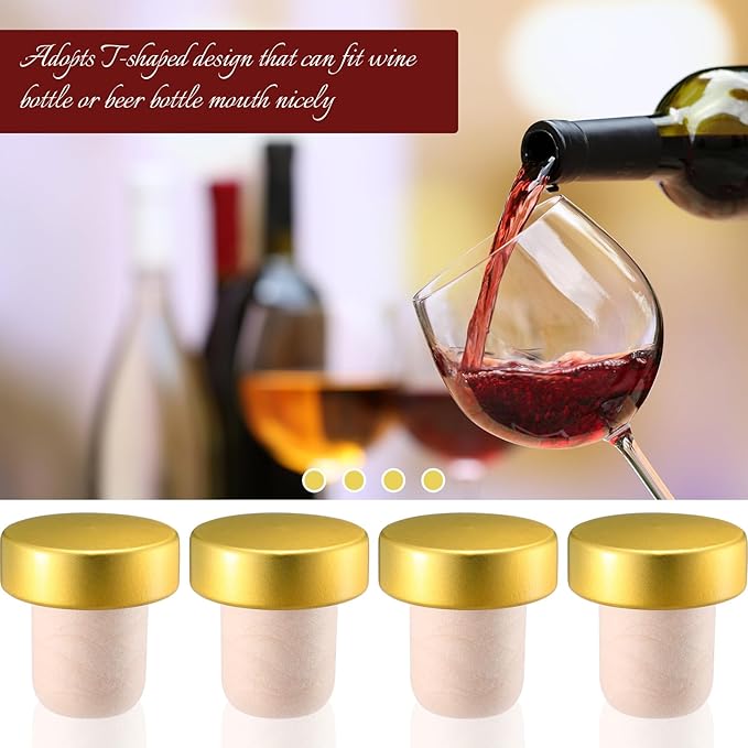 Yookeer T-shaped Stopper Cork Wine Bottle Stoppers Reusable Wine Sealing Plug for Beer Bottles DIY Craft(Gold,24 Pieces)