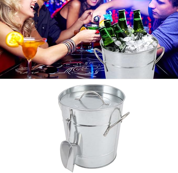 Round Ice Bucket with Ice Shovel, Bar Ice Tub Beer Chiller Bin, Double Wall Galvanized Sheet and Plastic Wine Storage Tub with Handle and Lid for Home Bar Party Use (Original Color)