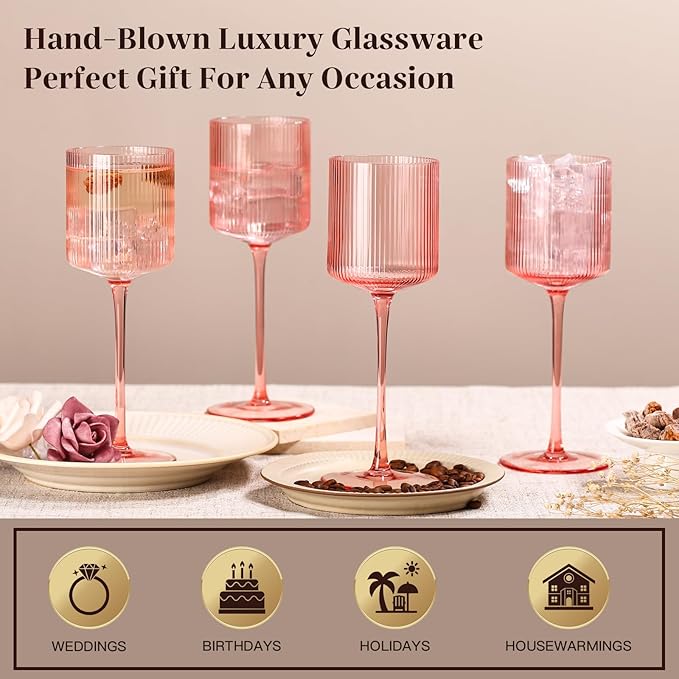 Pink Square Wine Glasses Set of 6, Elegant Ribbed Design Colored Crystal Glassware with Long Stem, 11.5oz Hand Blown Stemware For Red & White Wine Home Bar Party