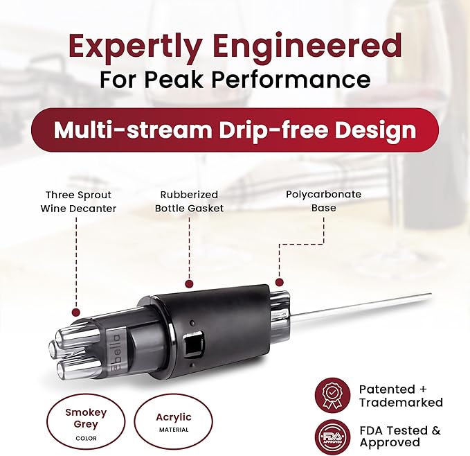 TRIBELLA Air Speed Wine Aerator, Multi-Stream Drip Free Wine Aeration 3 Acrylic Spouts Design, Handmade Kitchen Essential Easy to Use, No-Drip Gift in Protective Gift Case