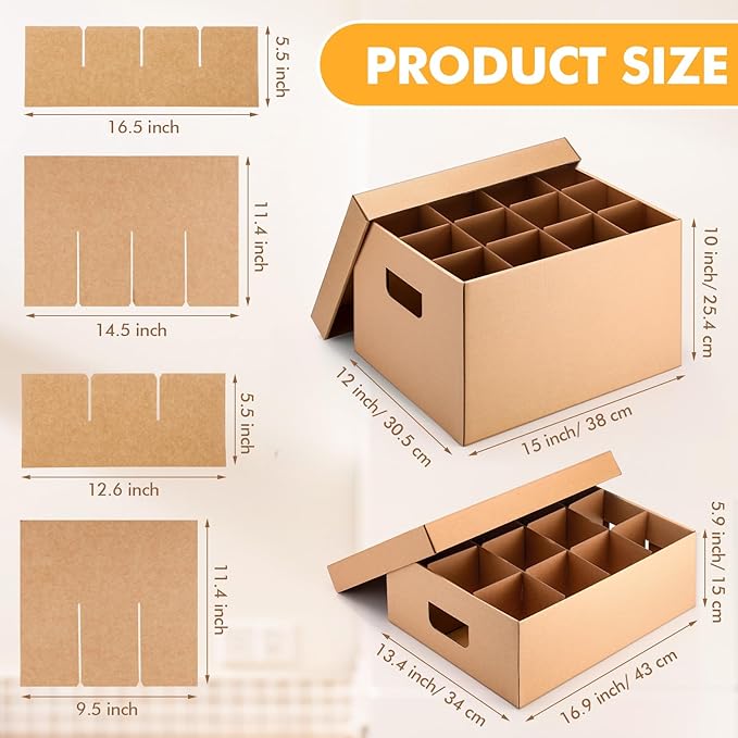 MotiMind 4 Pack Wine Glass Mug Moving Boxes with Divider Kits Included 2 Wine Glass 15 x 12 x 10 Inch and 2 Mug 17 x 13 x 6 Inch Kitchen Moving Boxes with Handle Packing Box for Dish Glassware