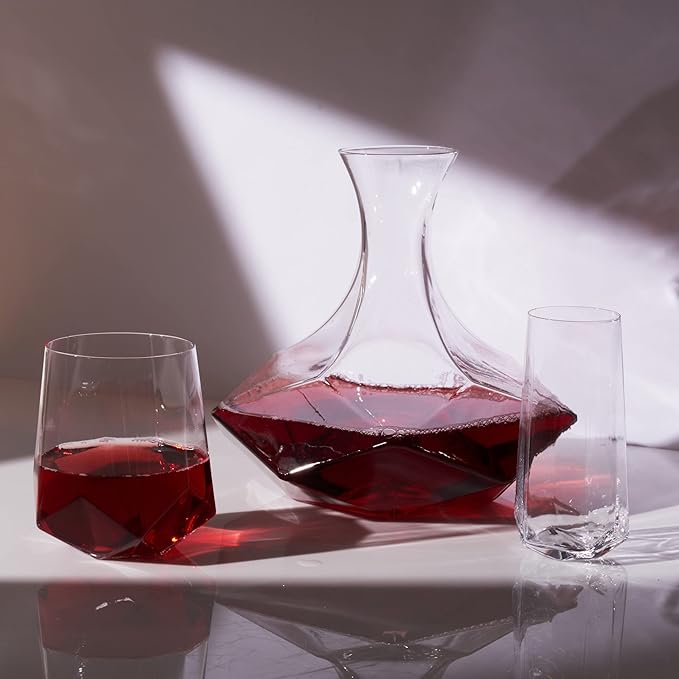 Viski Faceted Wine Decanter, Lead-Free Crystal Carafe for Red and White Wine with Broad Base for Aeration, Elegant Large Pitcher for Wedding Gifts, Housewarming Essentials, 64 oz (1.9 L), Set of 1
