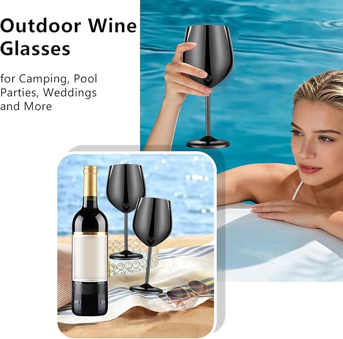 Stainless Steel Wine Glasses Set of 4 Unbreakable Wine Glass 18 oz Unique Metal Wine Goblets for Outdoor, Travel, Camping, Pool, Ideal Gift for Wine Lovers (Mirror-Black)