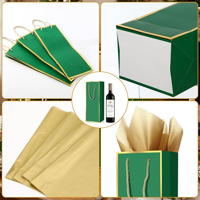 TaoBary 50 Pack Wine Gift Bags and Gold Wrapping Paper Set Wine Bags for Bottle Bulk 4 x 5 x 13 Inch Champagne Gift Paper Sack with Handles for Christmas Appreciation Wedding Anniversary (Green)