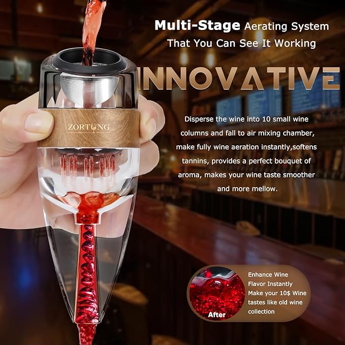 Premium Wine Aerator Pourer - Unique Multi-Stage Aeration Enhance Wine Flavors,Decanter Set Includes Sediment Filter,No-Drip Stand,Travel Pouch Quality and Great Gift for Wine lovers