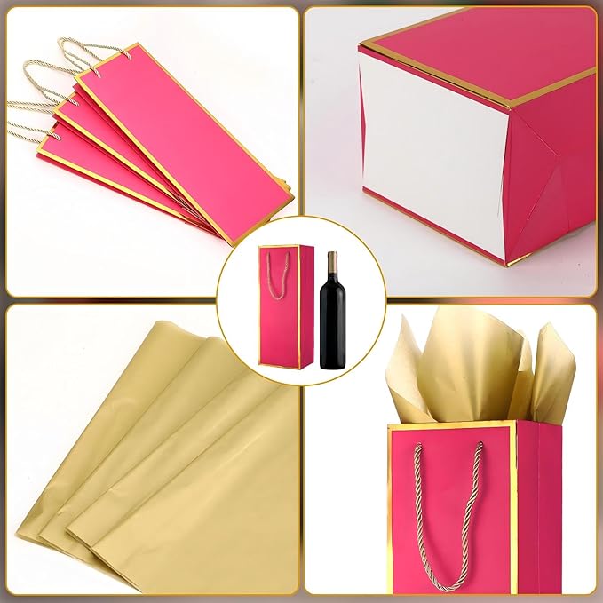 TaoBary 30 Pcs Wine Gift Bags and Gold Wrapping Paper Set Wine Bags for Bottle Bulk 4 x 5 x 13 Inch Champagne Gift Paper Sack with Handles for Valentines Galentines Day Wedding Party Anniversary