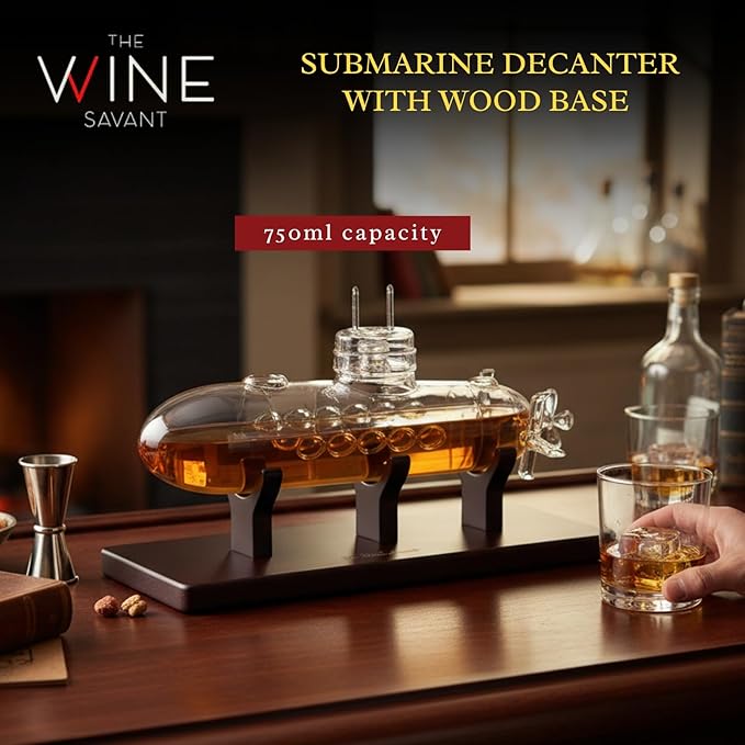 Submarine Whiskey & Wine Decanter Set - Wood Base 25oz Crystal Glass Dispenser Navy Nautical Naval Maritime Anniversary Birthday Gifts Men Who Have Everything Holiday Gifts, Father Husband Boyfriend