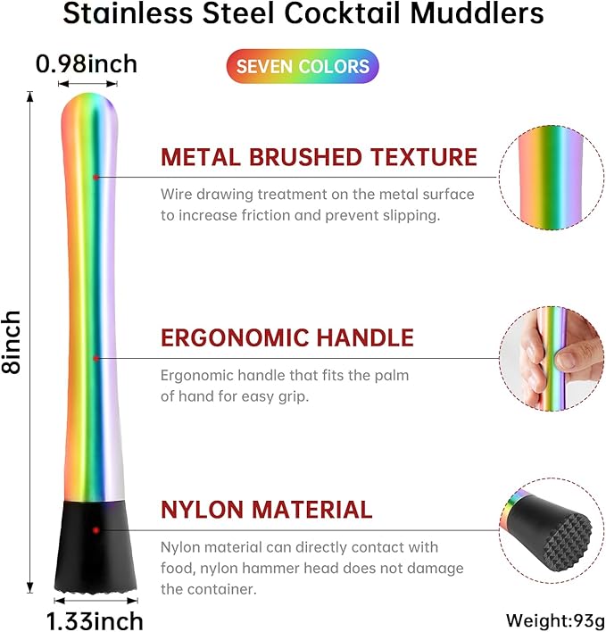8 Inch Stainless Steel Cocktail Muddler and Mixing Spoon Home Bar Tool Set - Create Delicious Mojitos Old Fashioned/Mint Julep/Other Fruit Based Drinks (Rainbow)