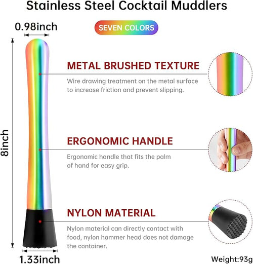 8 Inch Stainless Steel Cocktail Muddler and Mixing Spoon Home Bar Tool Set - Create Delicious Mojitos Old Fashioned/Mint Julep/Other Fruit Based Drinks (Rainbow)