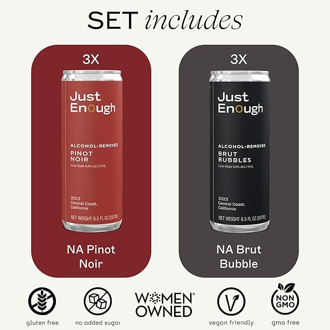 Just Enough Wines The NA Set | Non-Alcoholic Wine Variety Pack, 6 Cans (Brut Bubbles & Pinot Noir) | Central Coast California, Low Calorie, Gluten-Free, Vegan, Sustainably Made