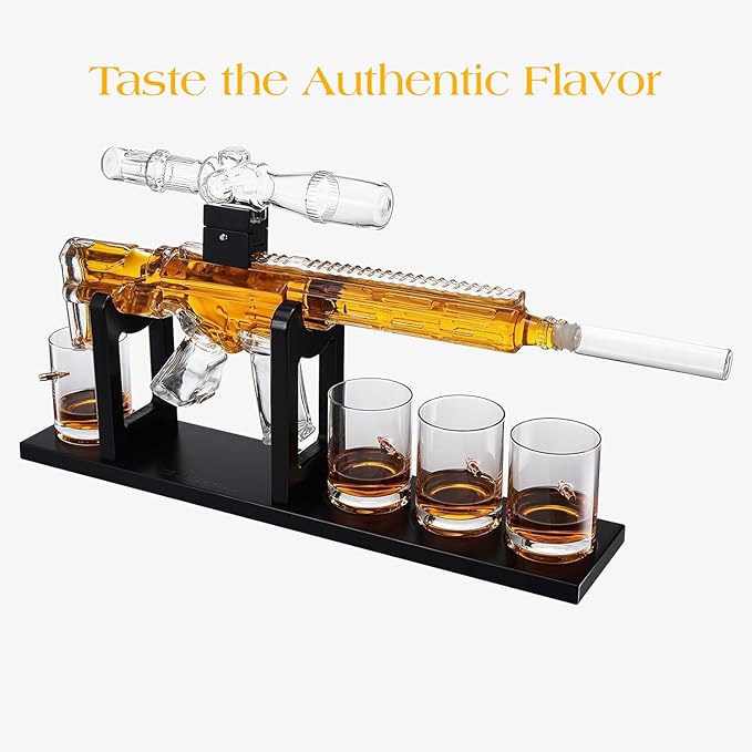 AR15 Whiskey Decanter Set – Limited Edition with Silencer Stopper 640ml Rifle Decanter & 4 Bullet Glasses (310ml) Handmade Gun Liquor Set, TikTok Bar Trend Unique Father’s Day Gift for Dad, Him, Men