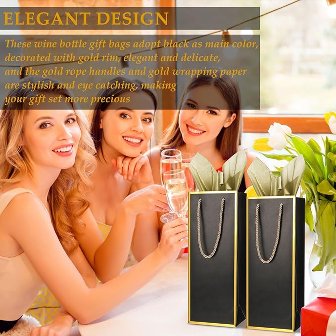 TaoBary 50 Pcs Wine Gift Bags and Gold Wrapping Paper Set Wine Bags for Bottle Bulk 4 x 5 x 13 Inch Champagne Gift Paper Sack with Handles for Christmas Appreciation Wedding Anniversary(black,30 Pcs)
