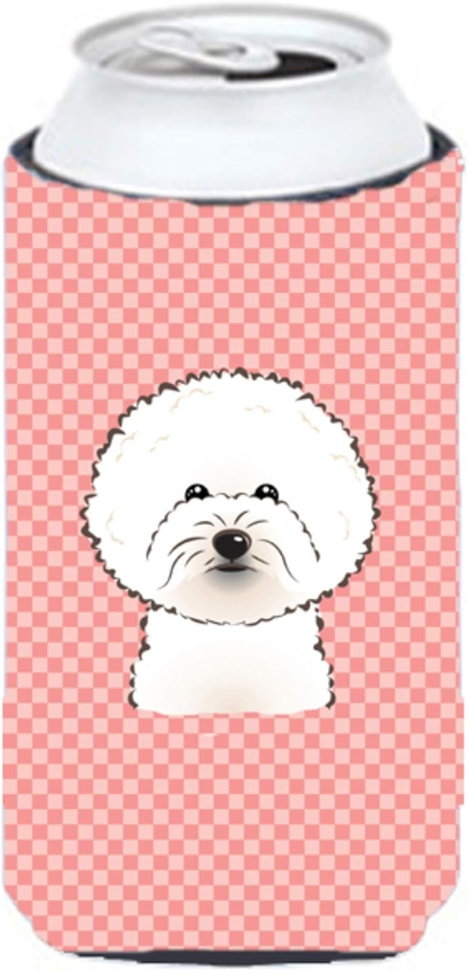 Caroline's Treasures BB1217TBC Checkerboard Pink Bichon Frise Tall Boy Hugger Can Cooler Sleeve Hugger Machine Washable Drink Sleeve Hugger Collapsible Insulator Beverage Insulated Holder