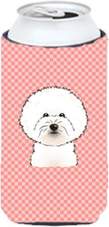 Caroline's Treasures BB1217TBC Checkerboard Pink Bichon Frise Tall Boy Hugger Can Cooler Sleeve Hugger Machine Washable Drink Sleeve Hugger Collapsible Insulator Beverage Insulated Holder