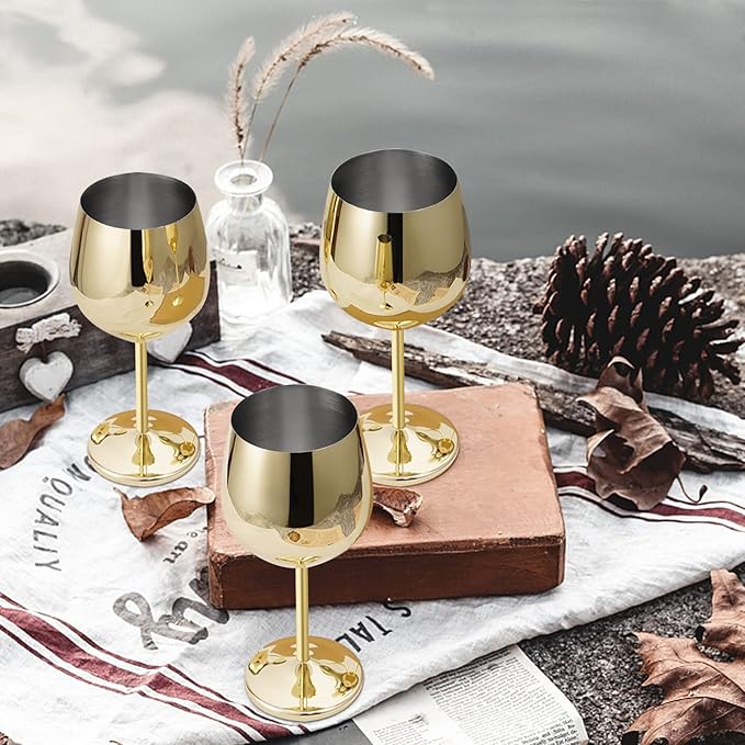 Lifecapido Stainless Steel Wine Glasses Set of 4, 18oz Stainless Steel Wine Goblets, Stemmed Metal Wine Glasses with Cup Brush for Party Office Wedding Anniversary, Great for Red White Wine (Gold)