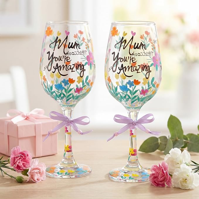SiliFine 2 Pcs Mother's Day Floral Stemmed Wine Glasses Hand Painted Flower Drinking Cup with Bow Wine Glasses Gifts for Birthday Theme Holiday Party Supplies