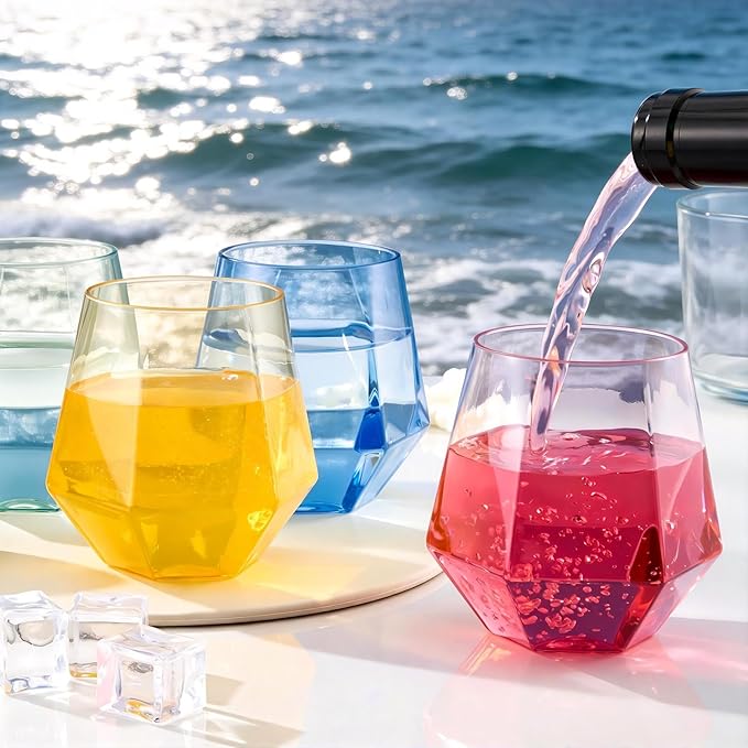 Goodluck 40 PCS Diamond Stemless Plastic Wine Whiskey Glasses, 12 Oz Disposable Cocktail Glasses, Suitable for Weddings, Birthday Parties, Family Gatherings, Bars, etc （Multi-color cups）