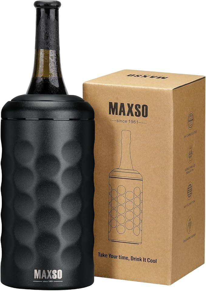 MAXSO Wine Chiller Bucket, Portable 750 ml Champagne & Wine Bottle Cooler Keep Wine & Beverages Cold, Stainless Steel Vacuum Insulated Wine Gifts for Wine Lovers - Black