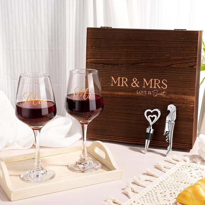 Mr and Mrs Wine Glasses, Wedding Gifts for Couples, Engagement Gift for Newlyweds, Bridal Shower Gift, Anniversary Wine Glass Wine Opener Stopper with Engraved Wooden Keepsake Box for Bride and Groom