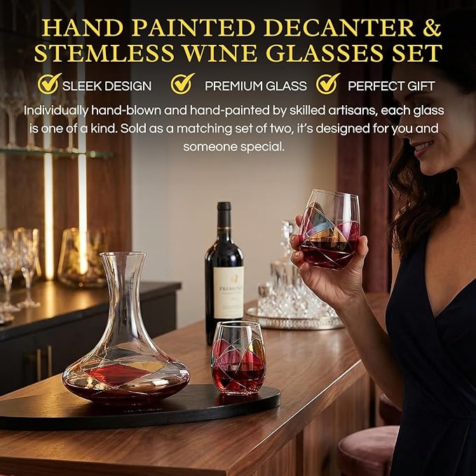 Artisanal Hand-Painted Decanter & Stemless Wine Glasses Set – Mother’s Day, Wife, Mom, or Friends – Romantic Stained Glass Windows, 2-Piece Set – Birthday or Housewarming Gift Idea