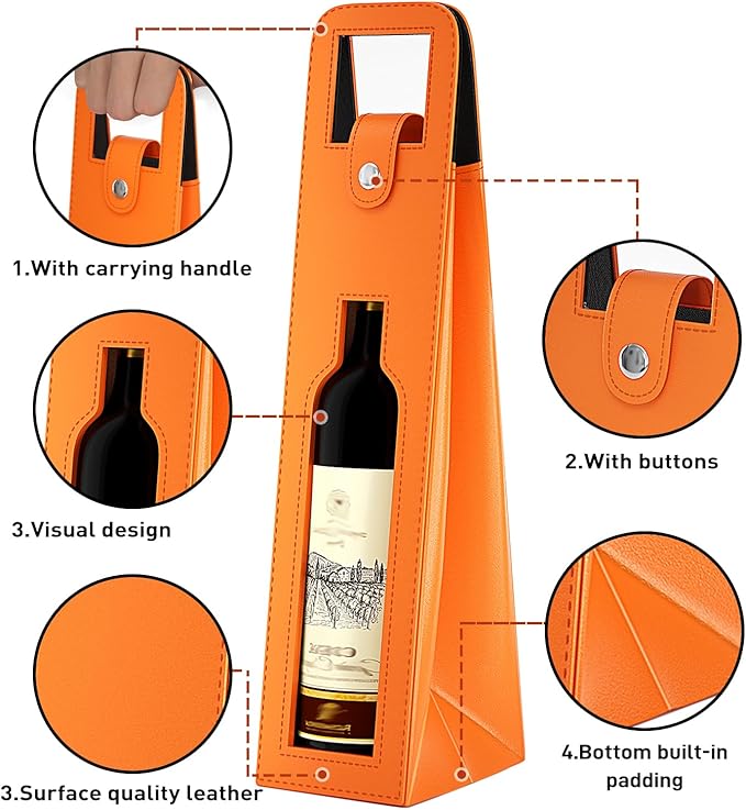 RYDDOY Wine Gift Bag, Reusable Leather Wine Tote Carrier, Single Bottle Champagne Beer Gift Bags Carrier for Birthday, Wedding, Picnic Party, Christmas festival Gifts (Orange)