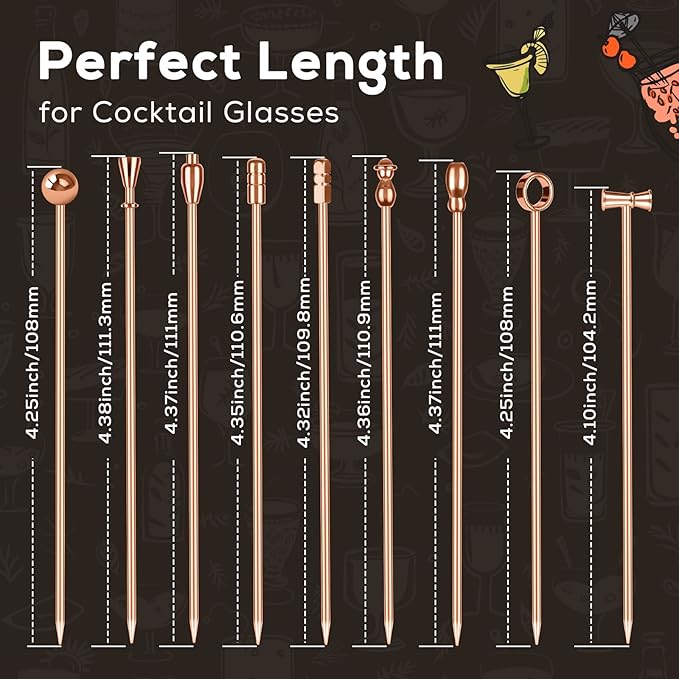 Metal Martini Cocktail Picks 9 Pcs, 4.1 in Olive Skewers Stainless Steel, Drinks Garnish Sticks, Reusable Appetizers Toothpicks, Home Bar Accessories Supplies Valentine Gift for Bartender - Rose Gold