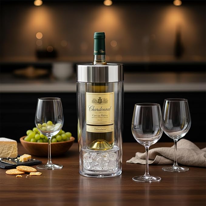 Amazing Abby - VinoChill - Acrylic Double-Wall Wine Chiller with Ice Chamber, Clear Plastic Insulated Champagne Bucket with Enhanced Cooling Bottom, Great for Party, Dinner, and Outdoor Entertaining