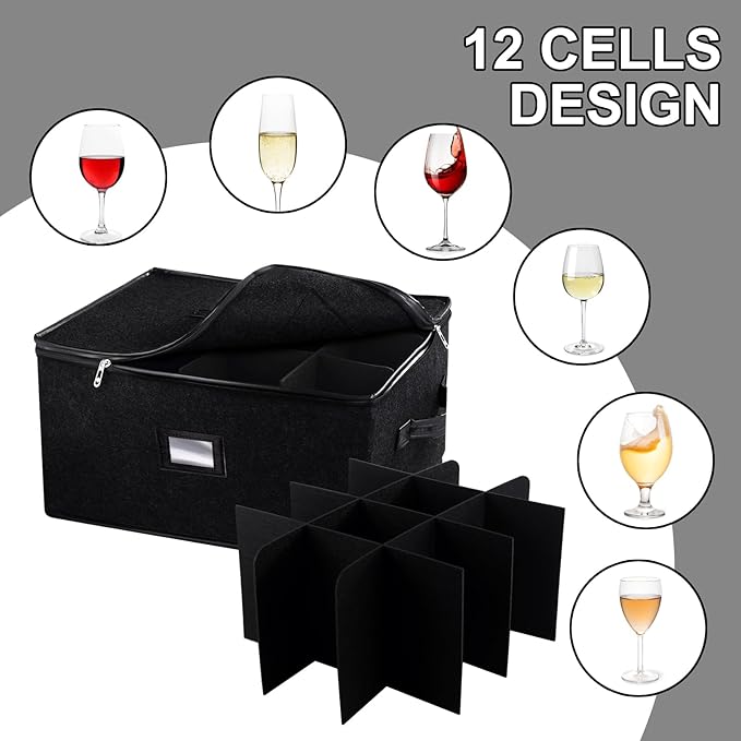 2 Pack Glass Storage Box with Dividers for Mugs & Glassware Coffee Cup Kit Stemware Storage Containers for Packing and Moving 12 Crystal Glassware, Wine Glasses, Drinkware (Black)