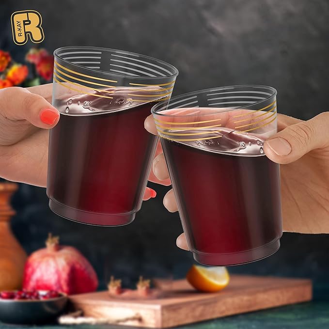 50 Pack Gold Plastic Cups For Party - 10 Oz Clear Party Cups Disposable - Hard Disposable Cups - Premium Heavy Duty Gold Cups - Disposable Cocktail Glasses - Plastic Glasses / Plastic Cocktail Glasses