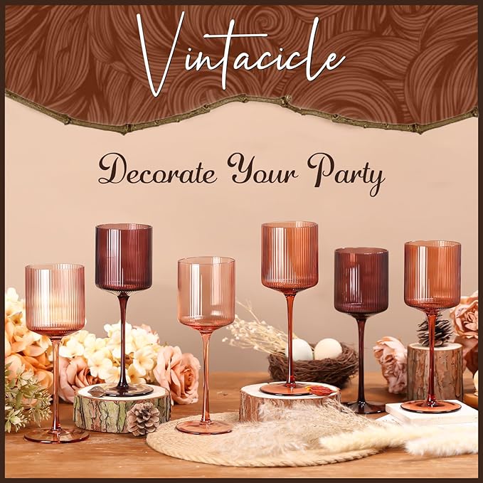 Melanin Colored Square Wine Glasses Set of 6, Elegant Ribbed Design Amber Crystal Glassware with Long Stem, 11.5oz Hand Blown Red & White Wine Stemware For Home Bar Deco,Party,Wine Dinner- Multicolour