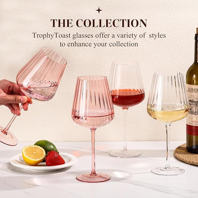 Ribbed Wine Glasses Set of 4-20oz Hand-Blown Fluted Glassware, Lead-Free Crystal Vintage Ripple Texture Red Wine Glasses, Perfect Gifts for Weddings, Birthday, Special Occasions
