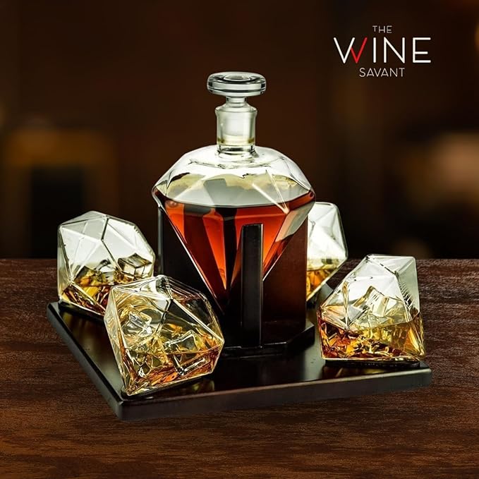 Luxury Diamond Whiskey Decanter Set with 4 Matching Glasses & Mahogany Wood Base - 750ml Hand-Blown Borosilicate Glass Liquor Dispenser for Bourbon & Scotch - Unique Home Bar Gift, Anniversaries Gifts