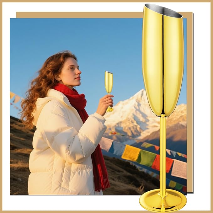 Champagne Flutes Set of 2, Premiumty Stainless Steel High Footed Champagne Glasses, 7oz Capacity,Unbreakable Slanted Champagne Glasses