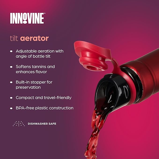 Innovine Wine Aerator Pourer with Built In Stopper, Tilt Design to Enhanced Flavor and Smooth Taste, Easy Pour, No Drip, Perfect for Red & White Wines, Home Bar Accessories, Set of 1, Raspberry