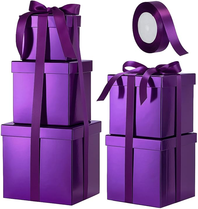 Cholemy 5 Pcs Square Nesting Boxes Decorative Gift Boxes with Lid and Ribbon Assorted Sizes Wrap for Wedding, Carnival, Anniversary, Birthday, Bridal Shower Party Gifts(Purple)