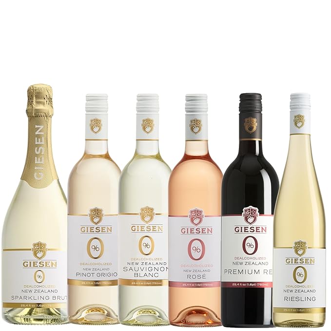 Giesen Non-Alcoholic Wine 6-Pack: Sparkling Brut, Pinot Grigio, Riesling, Sauvignon Blanc, Premium Red, and Rosé - Exceptional Dealcoholized Wine Collection