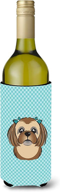Caroline's Treasures BB1187LITERK Checkerboard Blue Chocolate Brown Shih Tzu Wine Bottle Hugger Bottle Cooler Sleeve Hugger Machine Washable Collapsible Insulator Beverage Insulated Holder