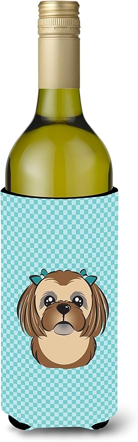 Caroline's Treasures BB1187LITERK Checkerboard Blue Chocolate Brown Shih Tzu Wine Bottle Hugger Bottle Cooler Sleeve Hugger Machine Washable Collapsible Insulator Beverage Insulated Holder