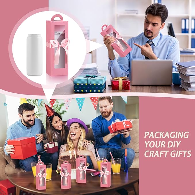 Ctosree 24 Pcs Tumbler Gift Box with Handle for 12oz 16oz 20oz 30oz Clear Wine Glass Gift Box Sublimation Tumblers Heat Press Blanks Bottle for Christmas Wrapping Packaging(Pink)