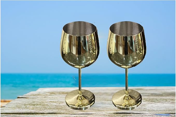 K&K Home Gold Stainless Steel Unbreakable Wine Glasses - 18 oz - Set of 2 Colored, Stemmed Metal Wine Glasses Perfect for Outdoors, Weddings, and Parties (Gold, Set of 2)
