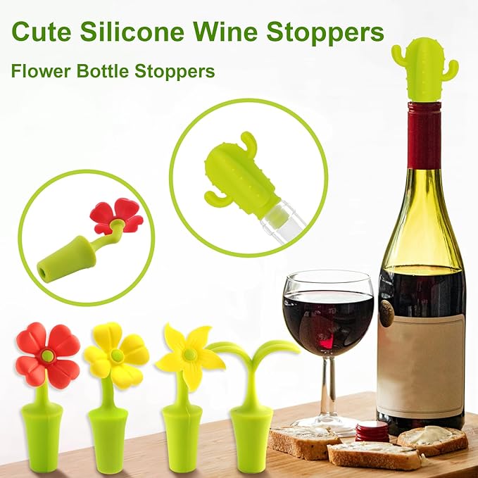 Knana 10Pcs Cactus Flowers Silicone Wine Stoppers Cute Wine Accessories Fun Wine Stopper for Mexican Party Favors Baby Shower Wedding