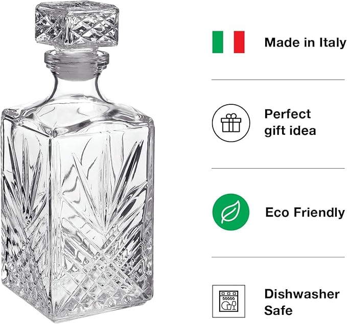 Bormioli Rocco Selecta Decanter, Set of 2 - Starburst Etched Glass with Airtight Diamond Stopper for Whiskey, Brandy & Spirits - 33.75 Oz. Each - Made in Italy, Elegant Barware, Dishwasher Safe