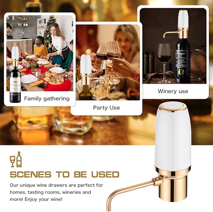 Electric Wine Aerator, Modern Wine Aerator, Electric Wine Dispenser, Gold and White Wine Pourer, Wine Pump, Automatic Wine Pourer, Wine Dispenser, Rechargeable with Micro USB Cable