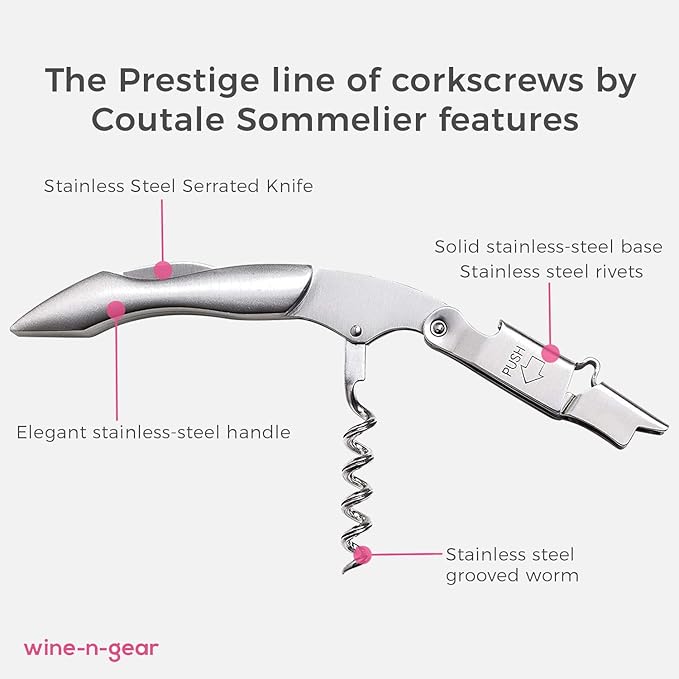 Prestige Waiters Corkscrew By Coutale Sommelier - Stainless Steel - Handmade and Sustainable Pinewood Crate - French Patented Spring-Loaded Double Lever Wine Bottle Opener for Bartenders and Gifts