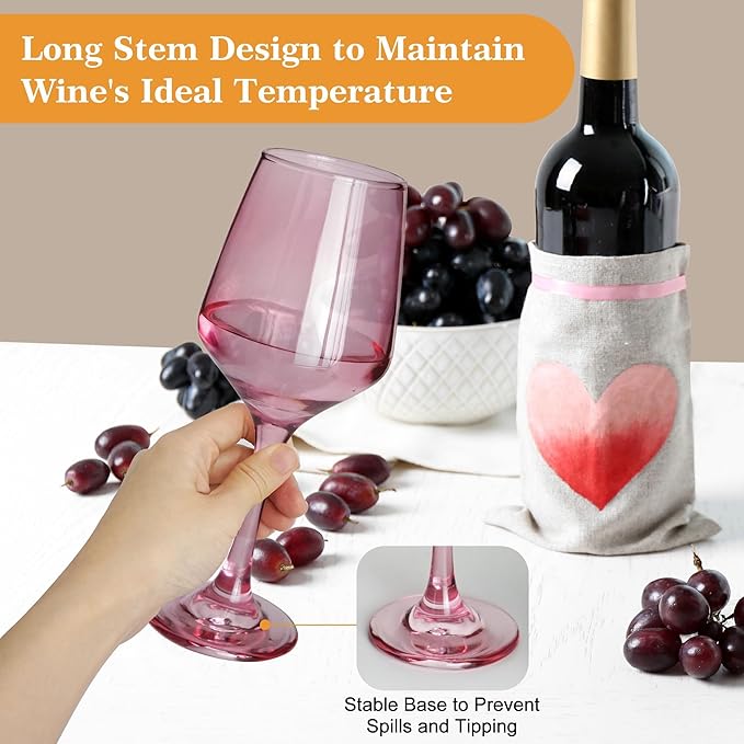 Pink Wine Glasses Set of 6, 12oz Stemmed Glasses, Thick & Colored, Dishwasher Safe Stemware for Red or White, Gift for Party, Holiday, Anniversary, Restaurant, Home Bar, Daily Use