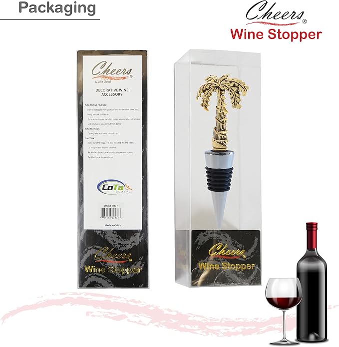 Cheers Gold Palm Tree Metal Wine Stopper - Elegant Vacuum Seal Reusable Tropical Beach Wine Bottle Stopper Airtight Leak Proof Bottle Topper Cork Plug, Home Decor & Bar Tool Accessory Unique Gift