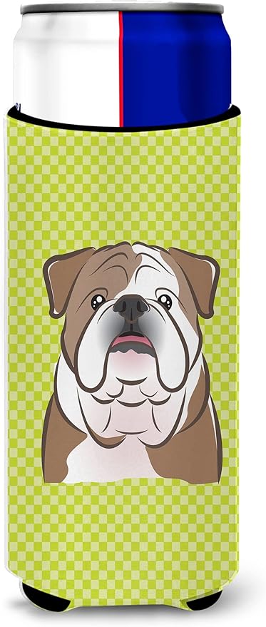 Checkerboard Lime Green English Bulldog Ultra Beverage Insulators for slim cans