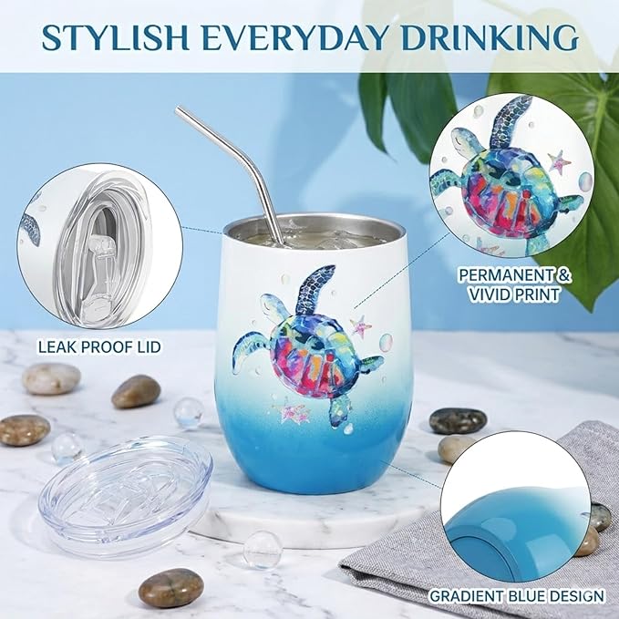 Sea Turtle Insulated Wine Tumbler for Women, Birthday Gift for Sea Turtle Lovers, 12 oz Stainless Steel Beach Wine Glass Mug Cup with Lid and Straw, Ocean Beach Gifts for Mom Best Friends Coworker